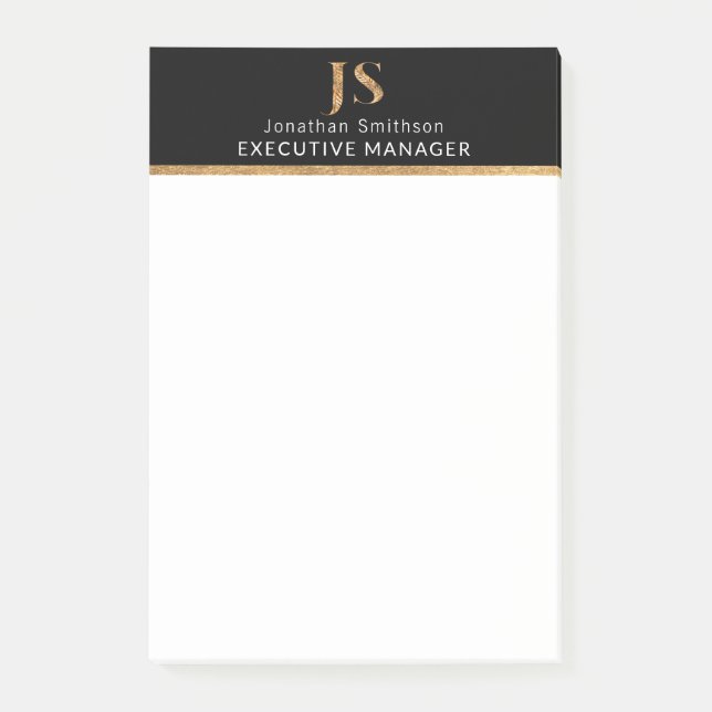 Elegantes Schwarz-Gold-Personalisiertes Monogramm Post-it Klebezettel (Vorderseite)