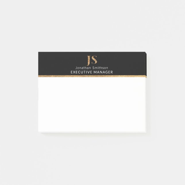 Elegantes Schwarz-Gold-Personalisiertes Monogramm Post-it Klebezettel (Vorderseite)