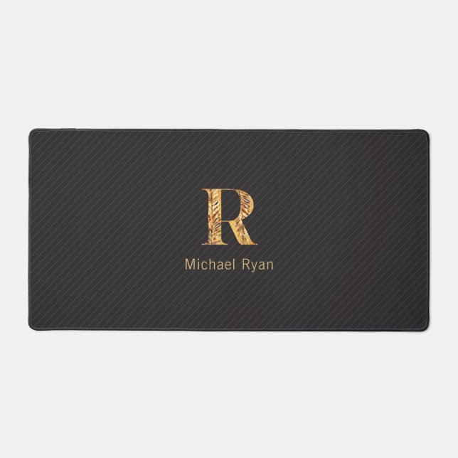 Elegantes Schwarz-Gold-Personalisiertes Monogramm Schreibtischunterlage (Vorderseite)