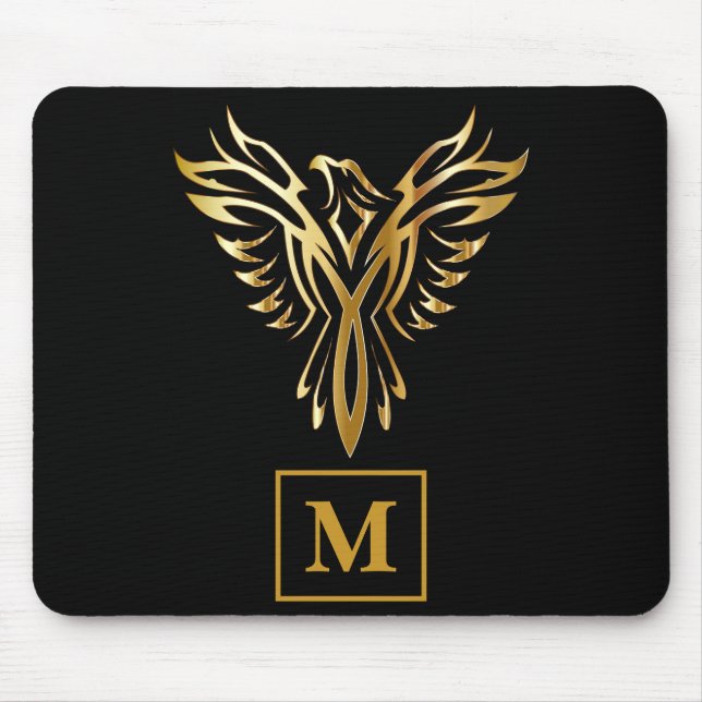 Elegantes Schwarz-Gold-Phoenix-Rising-Monogramm Mousepad (Vorne)