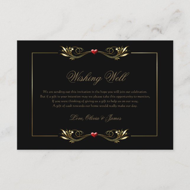 Elegantes Schwarz-Gold-Rahmen Rotes Herz wünschend Begleitkarte (Vorderseite)