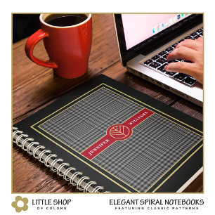 Elegantes Schwarz-Gold-Rot-Karo mit Monogramm Notizblock