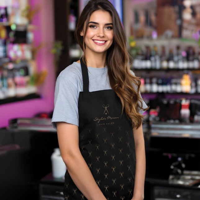 Elegantes Schwarz-Gold-Schere-Muster-Haarsalon-Log Schürze (Elegant Black Gold Scissor Pattern Hair Salon Logo Apron)