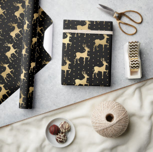 Elegantes Schwarz-Gold-Schrift-Rentier Geschenkpapier