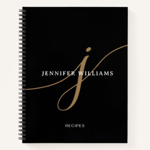 Elegantes Schwarz-Gold-Schriftmonogramm Rezept Notizbuch