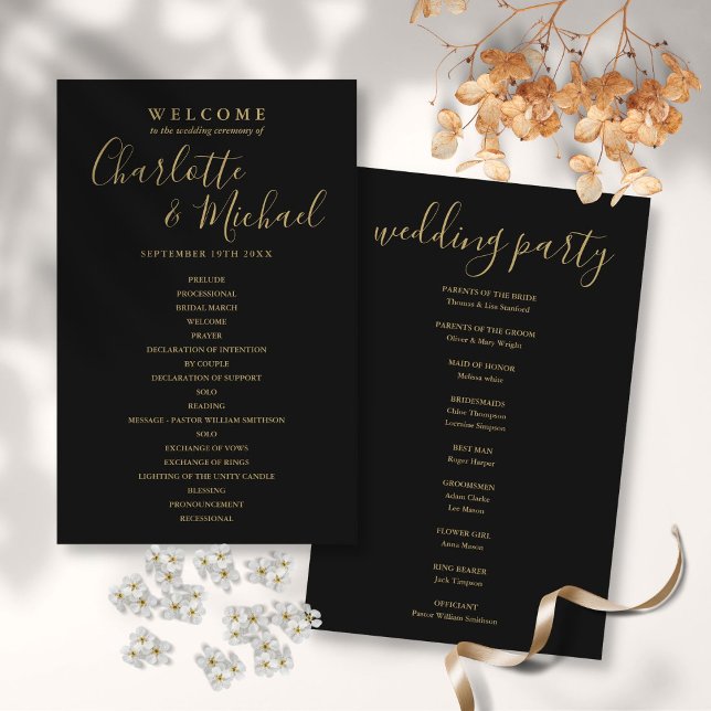 Elegantes Schwarz-Gold-Script-Hochzeitsprogramm (Elegant Black And Gold Script Wedding Program)