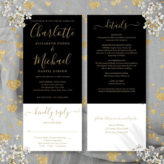 Elegantes Schwarz-Gold-Script in einer Hochzeit Einladung (Elegant Black And Gold Script All In One Wedding Invitation)