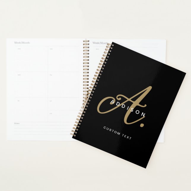 Elegantes Schwarz-Gold-Script-Monogramm Planer (Anzeige)