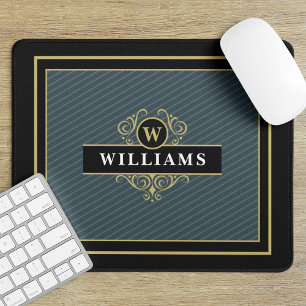 Elegantes Schwarz-Gold-Streifen-Monogramm Mousepad