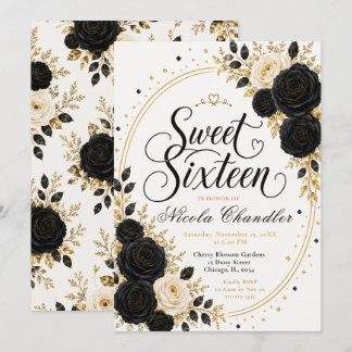 Elegantes Schwarz-Gold Sweet Sixteen Einladung