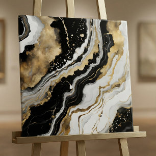 Elegantes Schwarz-Gold- und Weiß-Achat-Marmor-Flui Fliese