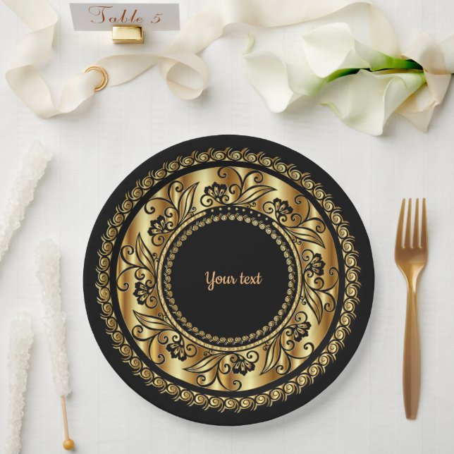 Elegantes Schwarz-Gold-Verziertes Template Pappteller (Hochzeit)