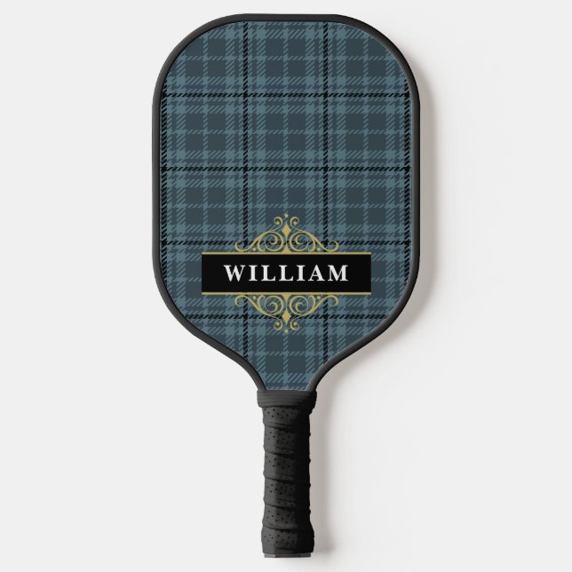 Elegantes Schwarz-Gold-Windows-Karo-Monogramm Pickleball Schläger (Vorderseite)