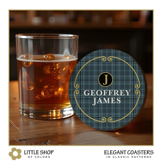 Elegantes Schwarz-Gold-Windows-Karo Monogramm Runder Pappuntersetzer (Von Creator hochgeladen)