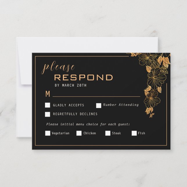 Elegantes Schwarz & Golden Foliage RSVP Karte (Vorderseite)