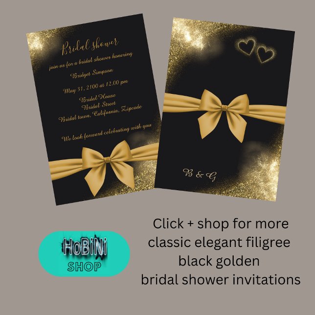 elegantes, schwarz-goldenes Brautparty Einladung (classic elegant filigree black golden bridal shower invitation)
