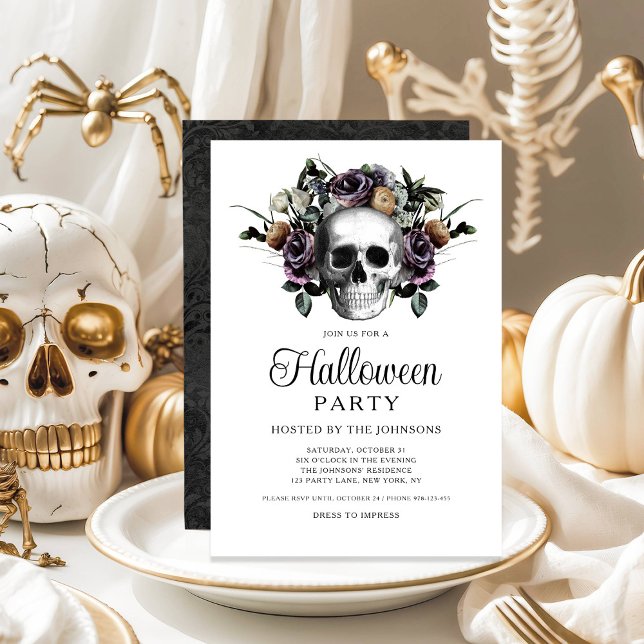 Elegantes Schwarz-Gotik-Blumenschädel Halloween Einladung (Elegant Black Gothic Floral Skull Halloween Invitation)