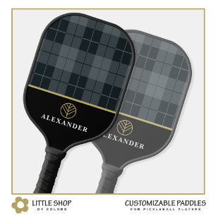 Elegantes Schwarz-Grau-Karo Tartan Monogramm Pickleball Schläger