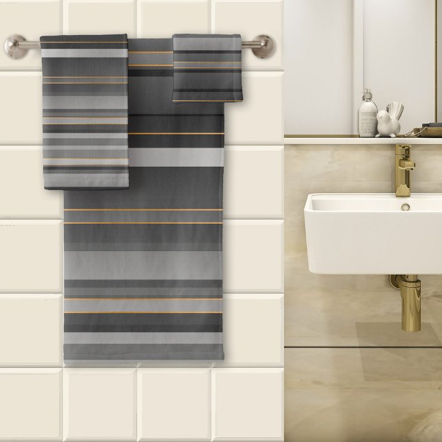 Elegantes Schwarz-Grau-Rose-goldgestreiftes Muster Badhandtuch Set (A beautiful striped bathroom towel set in black and grey colors with tiny rose gold lines.)