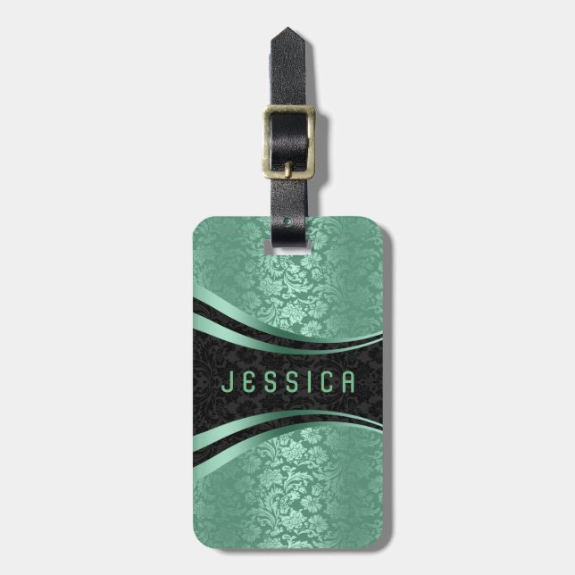 Elegantes Schwarz-Grün-Damaskus-Muster Gepäckanhänger (Vorderseite vertikal)