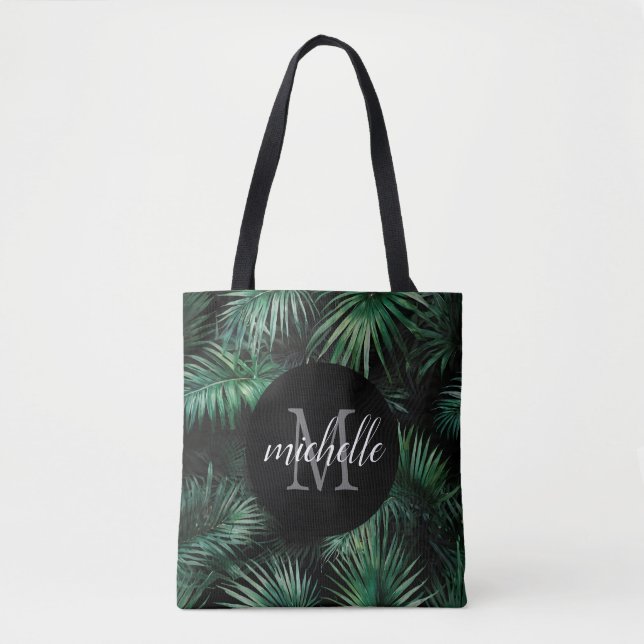Elegantes Schwarz-Grün Tropical Palm Blätter Monog (Vorderseite)
