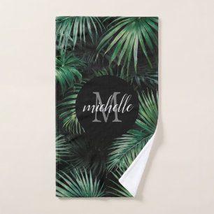 Elegantes Schwarz-Grün Tropical Palm Blätter Monog Handtuch
