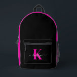 Elegantes Schwarz-Hot-Pink-Script-Monogramm Bedruckter Rucksack<br><div class="desc">Dieser einfache, elegante schwarze Rucksack mit Ihrem Vornamen in einem trendigen Script-Schriftart in Weiß und Ihr erster Einstieg in einen modernen Kappe-Schriftart in heißen Rosa ist perfekt für Sie. Es ist stilvoll und trendig und dennoch sehr klassisch. Es wird für die Schule, den Fitnessraum, Ausflüge, Wanderungen, Shopping, Fahrradfahren, etc. fantastisch...</div>