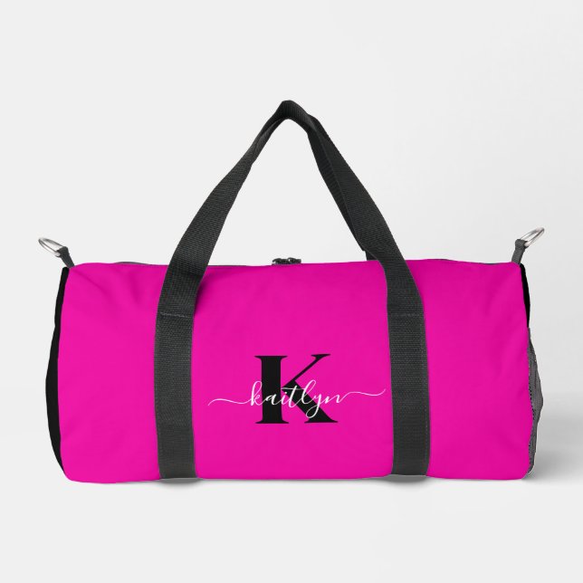 Elegantes Schwarz-Hot-Pink-Script-Monogramm Duffle Bag (Vorderseite)