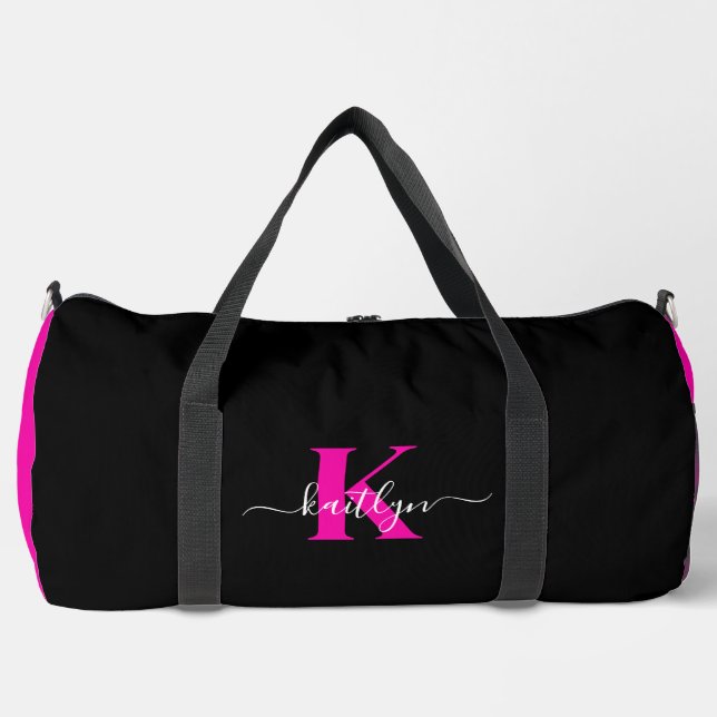 Elegantes Schwarz-Hot-Pink-Script-Monogramm Duffle Bag (Vorderseite)