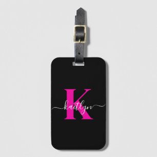 Elegantes Schwarz-Hot-Pink-Script-Monogramm Gepäckanhänger