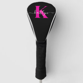 Elegantes Schwarz-Hot-Pink-Script-Monogramm Golf Headcover