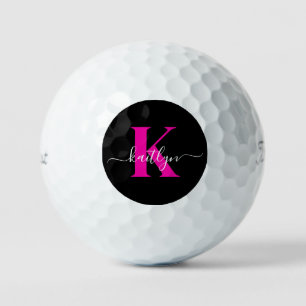 Elegantes Schwarz-Hot-Pink-Script-Monogramm Golfball