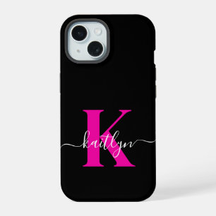 Elegantes Schwarz-Hot-Pink-Script-Monogramm iPhone 15 Hülle