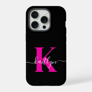 Elegantes Schwarz-Hot-Pink-Script-Monogramm iPhone 15 Pro Hülle