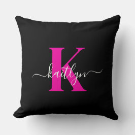 Elegantes Schwarz-Hot-Pink-Script-Monogramm Kissen