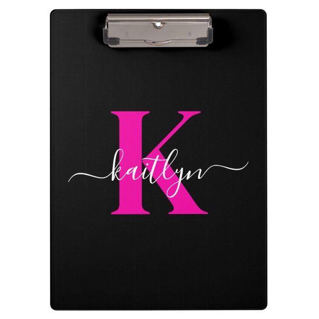 Elegantes Schwarz-Hot-Pink-Script-Monogramm Klemmbrett (Vorderseite)