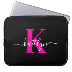 Elegantes Schwarz-Hot-Pink-Script-Monogramm Laptopschutzhülle