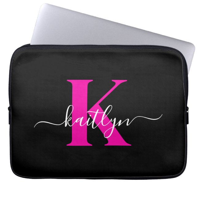 Elegantes Schwarz-Hot-Pink-Script-Monogramm Laptopschutzhülle (Vorderseite)