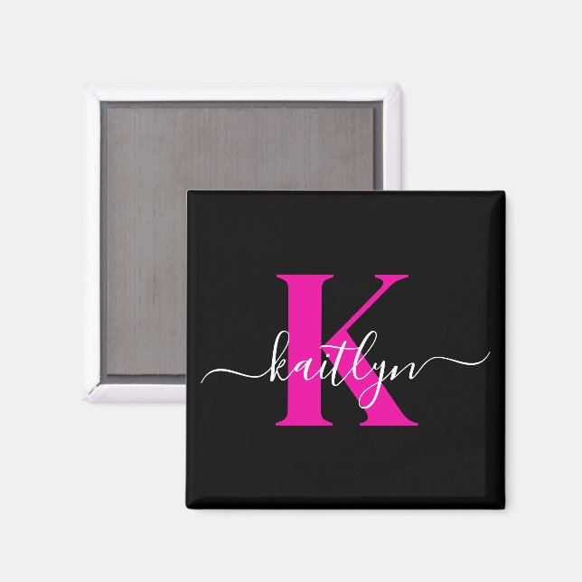 Elegantes Schwarz-Hot-Pink-Script-Monogramm Magnet (Vorderseite/Rückseite)