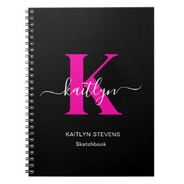 Elegantes Schwarz-Hot-Pink-Script-Monogramm Notizblock