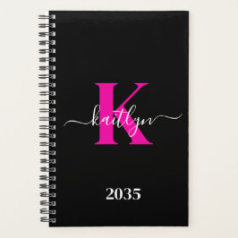 Elegantes Schwarz-Hot-Pink-Script-Monogramm Planer