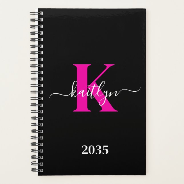 Elegantes Schwarz-Hot-Pink-Script-Monogramm Planer (Vorderseite)