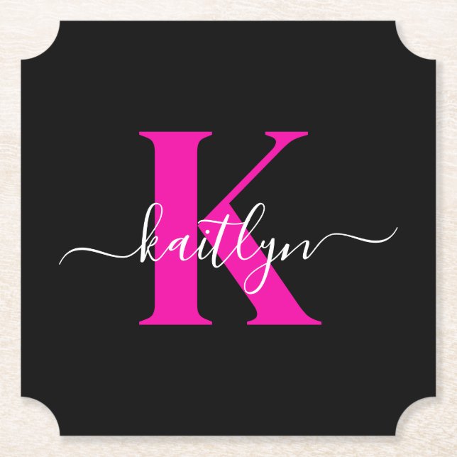 Elegantes Schwarz-Hot-Pink-Script-Monogramm Untersetzer (Vorderseite)