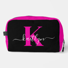Elegantes Schwarz-Hot-Pink-Script-Monogramm Waschbeutel