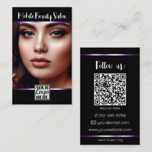 Elegantes Schwarz-Lila-Decor-Linien-Logo-Foto-QR-C Visitenkarte