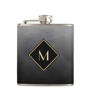 Elegantes Schwarz mit einfachem Goldmonogramm Flachmann