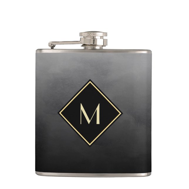 Elegantes Schwarz mit einfachem Goldmonogramm Flachmann (Vorderseite)