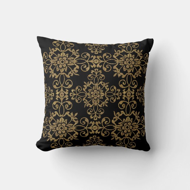Elegantes Schwarz mit Gold Glitzer Damask Design Kissen (Vorderseite)