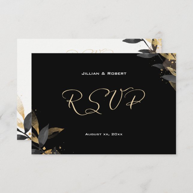 Elegantes Schwarz mit Gold Wedding RSVP Card (Vorne/Hinten)