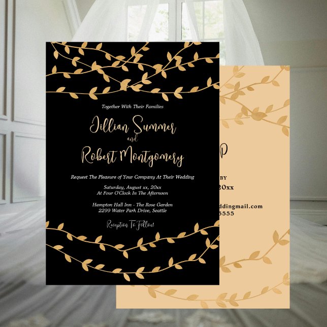 Elegantes Schwarz mit goldenen Blätter Hochzeit Einladung (Elegant Black with Gold Leaves Wedding Invitation)